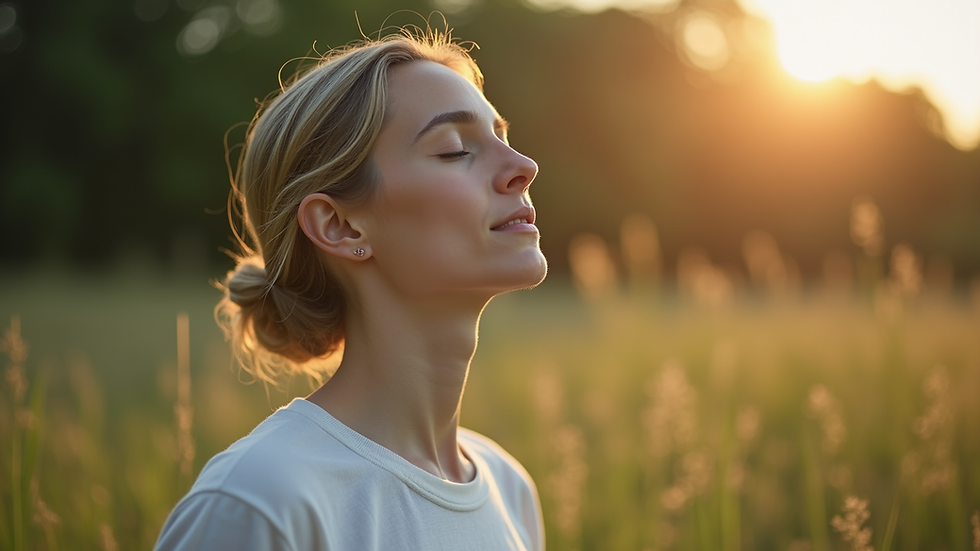 Close-up view of a person meditating outdoors with eyes closed