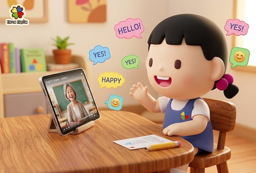 Target Alt Text: Enrich English student mascot practicing English pronunciation at home using Little Speakers demonstration videos with a NET.