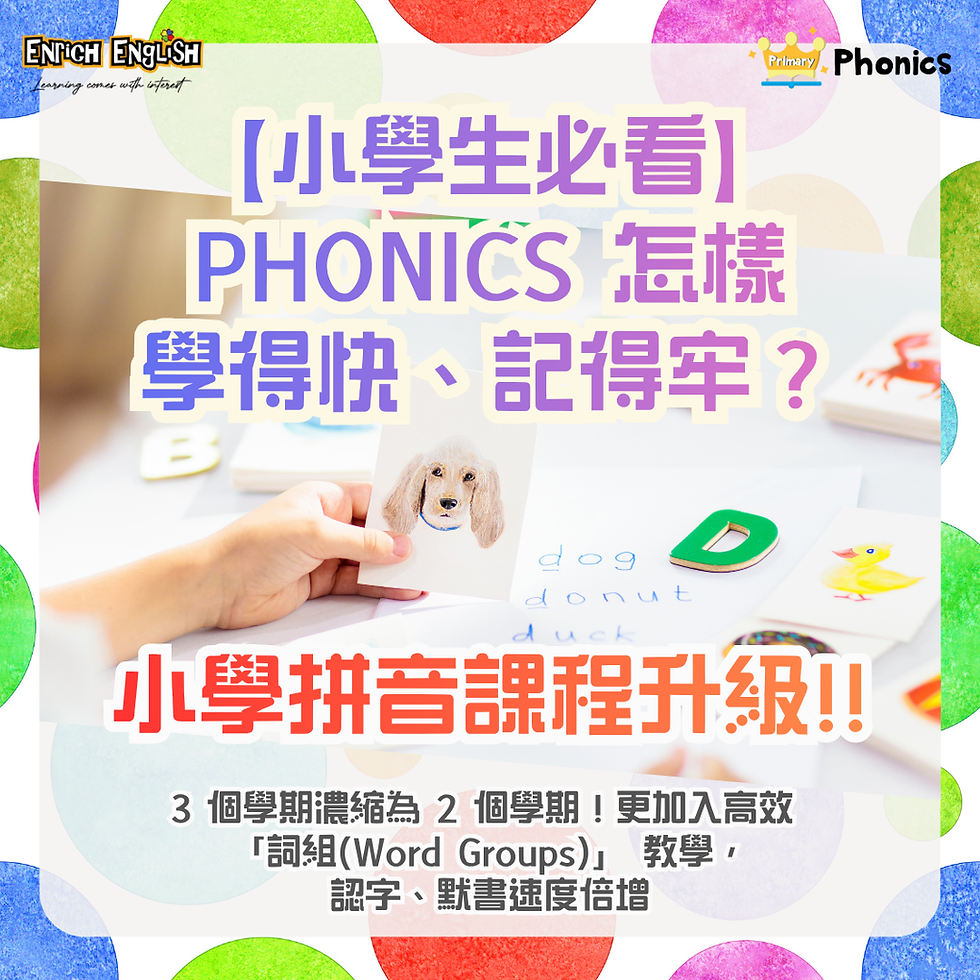 Promotional graphic for Enrich English's upgraded Primary Phonics program. Background shows a child studying phonics flashcards with words like "dog", "donut", and "duck". Text overlay reads: "[Must-See for Primary Students] How to learn PHONICS fast & retain it well? Primary Phonics Course Upgraded! Condensed 3 terms into 2 terms! Added high-efficiency 'Word Groups' teaching, doubling word recognition and dictation speed."