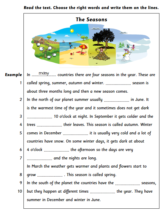 Cambridge A2 Flyers Reading and Writing paper sample showing Part 4 The Seasons science cloze passage.