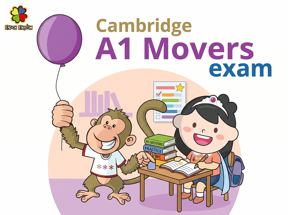 Enrich English 劍橋 A1 Movers 考試網誌封面圖:卡通猴子與戴皇冠頭飾在書桌前認真溫習的小女孩
