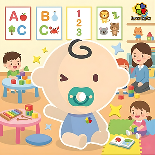 Baby sitting in Enrich English Playgroup classroom with sensory toys, musical instruments, and teachers, designed for early childhood development in Hong Kong.