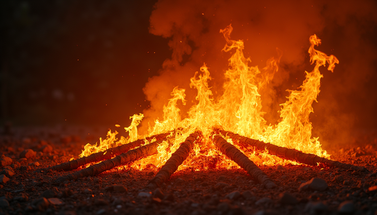 Eye-level view of a blazing furnace with glowing flames