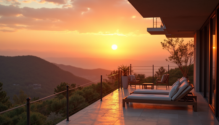 Eye-level view of a peaceful balcony overlooking a sunset horizon
