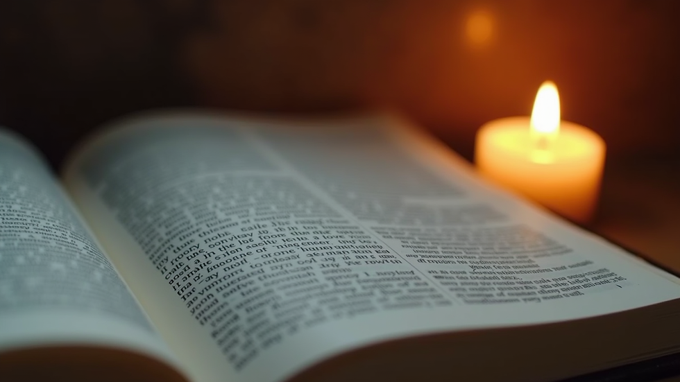Close-up view of an open Bible with a highlighted passage and a lit candle nearby