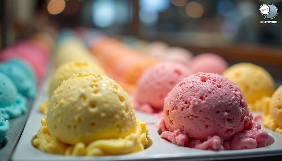 Close-up view of a colorful ice cream display with various flavors