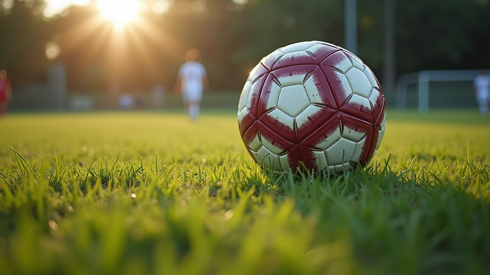 Close-up view of a football resting on a grass field