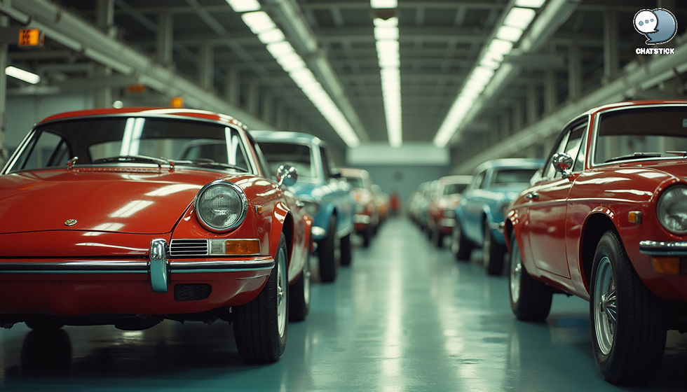 High angle view of a vintage assembly line with classic cars