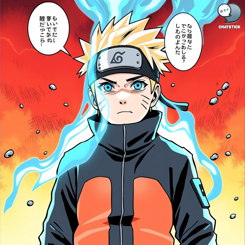 Anime character with spiky hair and headband stands with intense expression, surrounded by blue flames. Bright red and orange background. Japanese text bubbles.