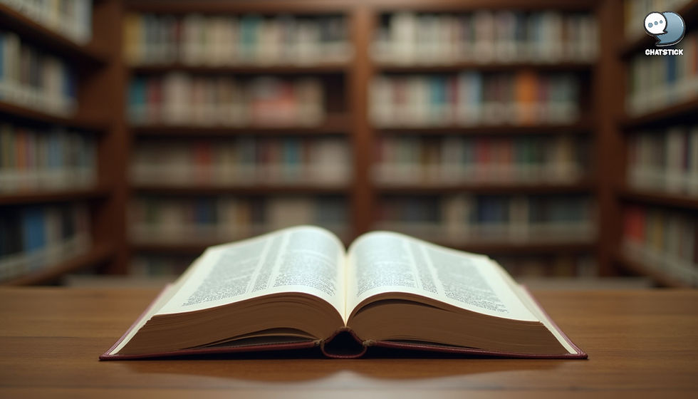 Eye-level view of an open book placed on a table in a library