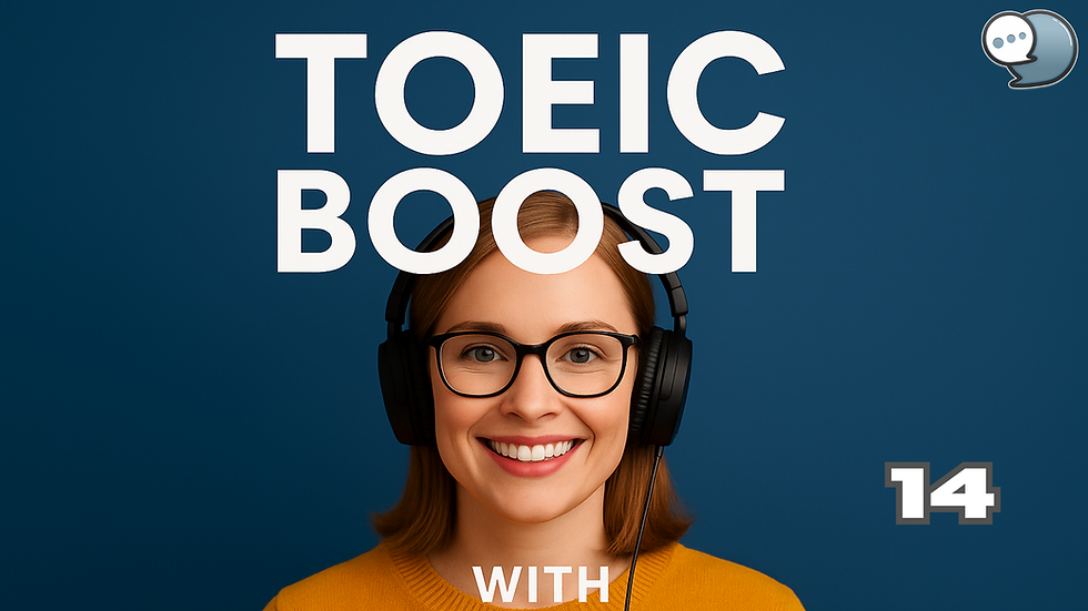Smiling person with headphones against a blue background. Text reads "TOEIC BOOST WITH 14." Yellow sweater, happy mood.