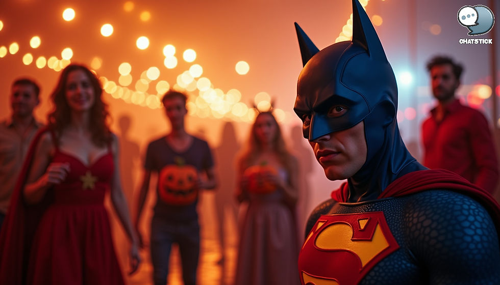 Wide angle view of a superhero Halloween costume party setup