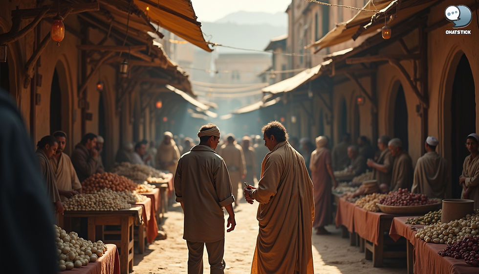 High angle view of ancient barter exchange in a marketplace