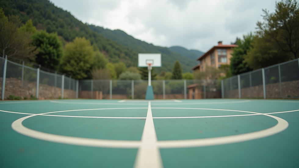 Eye-level view of a basketball court, empty with marked lines for game play