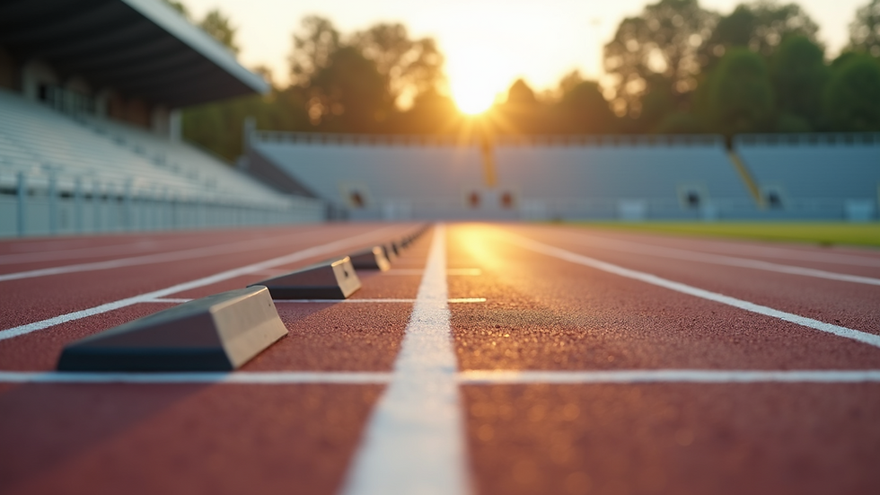 Close-up view of a sports running track with starting blocks