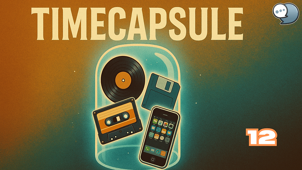 Retro vibes with a record, cassette, floppy disk, and smartphone inside a capsule. "TIMECAPSULE" text above, number "12" on gradient background.