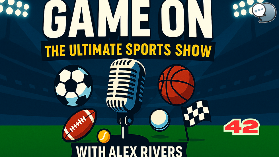 Sports show logo with a microphone, soccer ball, basketball, and racing flag on a field. Text: "Game On: The Ultimate Sports Show."