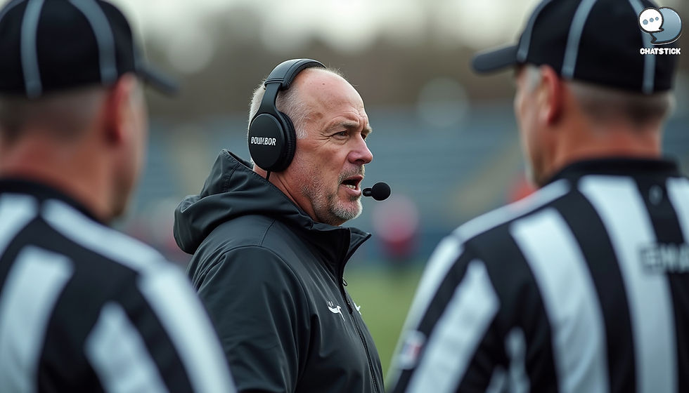 Eye-level view of a football coach arguing a call with officials