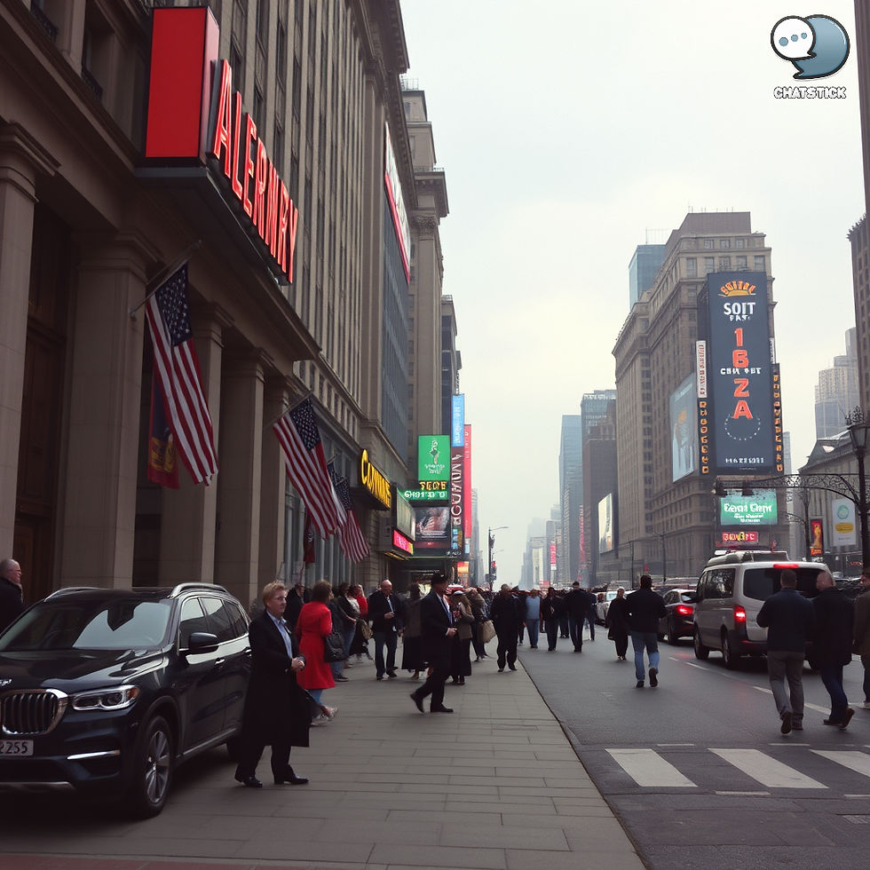 Busy city street with people walking, cars parked. American flags and bright signs adorn buildings. Overcast sky creates a bustling yet subdued mood.