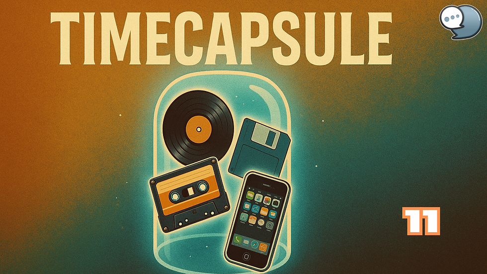 Objects in a capsule: a vinyl record, cassette tape, floppy disk, and smartphone. Background text: "TIME CAPSULE". Gradient brown to teal.