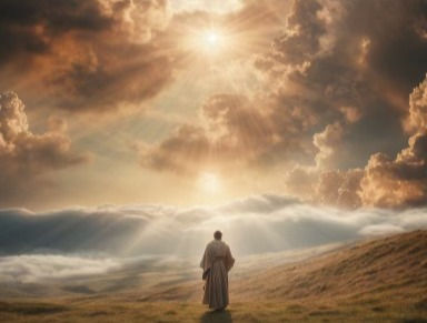 Jesus looking up at the sky at the sun peeking through the clouds