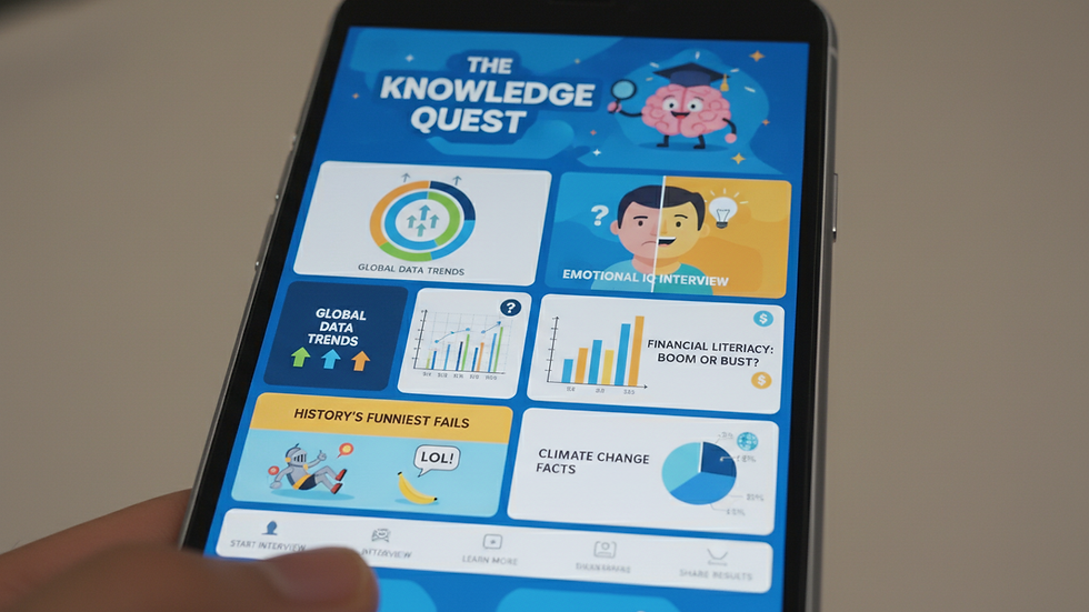 Close-up of a smartphone screen showing an interactive interview app