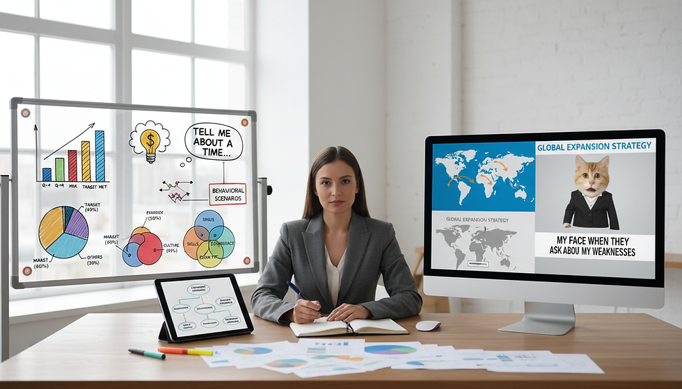 Woman seated at a desk beside presentation boards