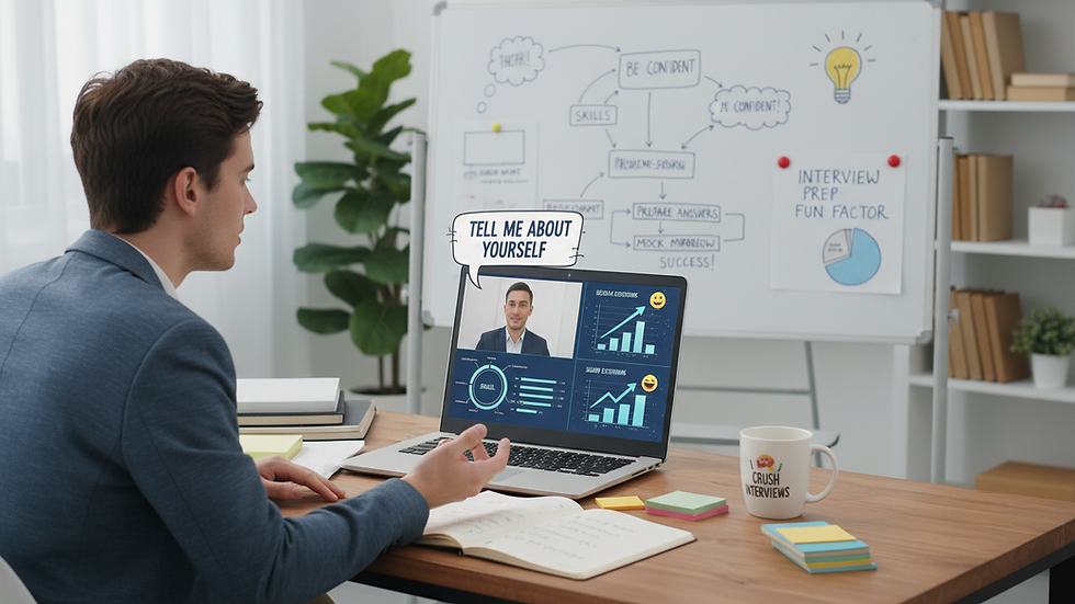 Eye-level view of a person practicing interview questions on a laptop