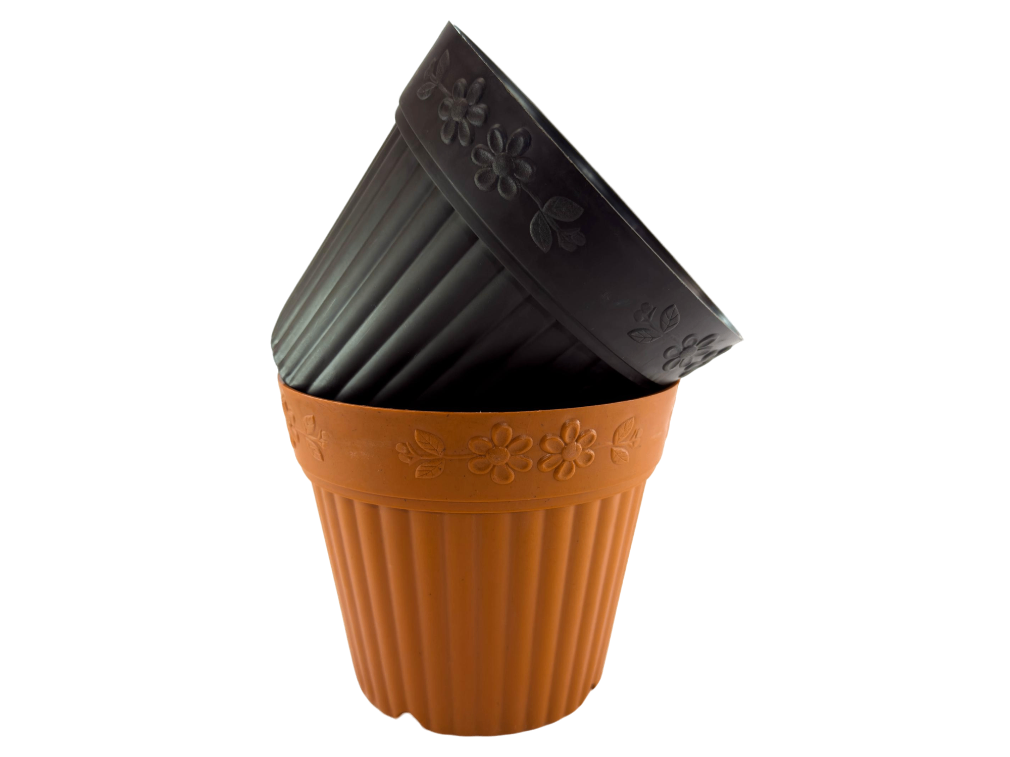 Maceta pequeña de plástico, con diseño de flores