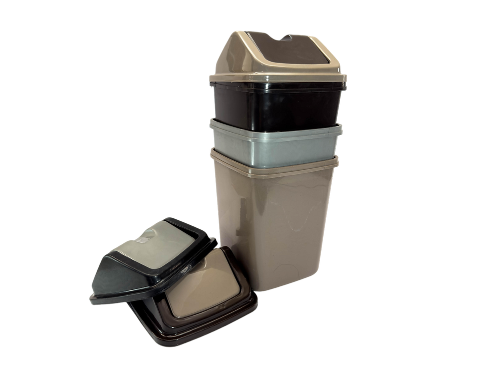 Vista frontal de basurero y tapadera, plástico varios colores