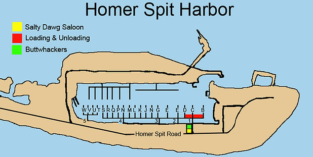 A drawn map of the Homer Spit Harbor in Homer, Alaska showing the loading and unloading zone, Buttwhackers, and the Salty Dawg Saloon.