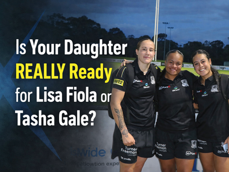 Three young female rugby league athletes standing together on the field during Lisa Fiola and Tasha Gale pathways preparation, representing future NRLW talent.