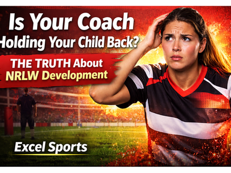 Confused female rugby league player looking toward a coach training a team, questioning development. Text overlay reads “Is Your Coach Holding Your Child Back?” with Excel Sports branding.
