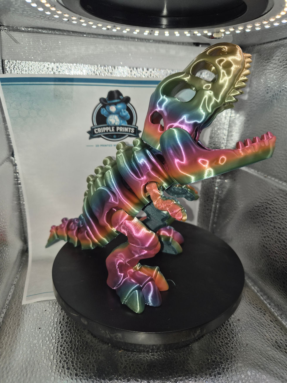 Thumbnail: Close-up side view of a rainbow silk anatomical T. rex