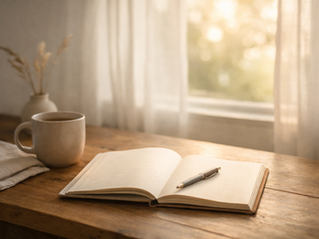 A peaceful morning scene with an open journal and coffee on a wooden table, bathed in soft natural light, representing quiet time with God.