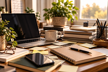 Slightly cluttered desk with an untouched journal sitting quietly to one side