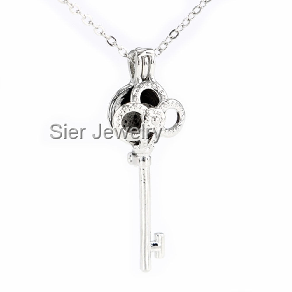 Skeleton Key Essential Oil Diffuser Necklace Locket With Lava Stone