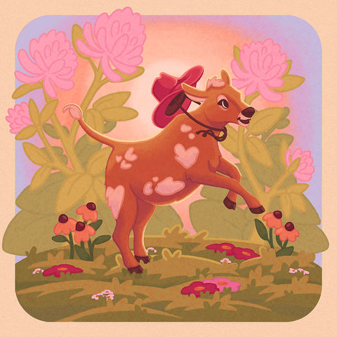 An illustration of a happy cow wearing a cowgirls hat. 