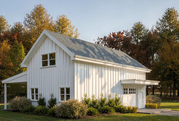 Two-story detached garage with guest suite above and covered side workspace on rural property