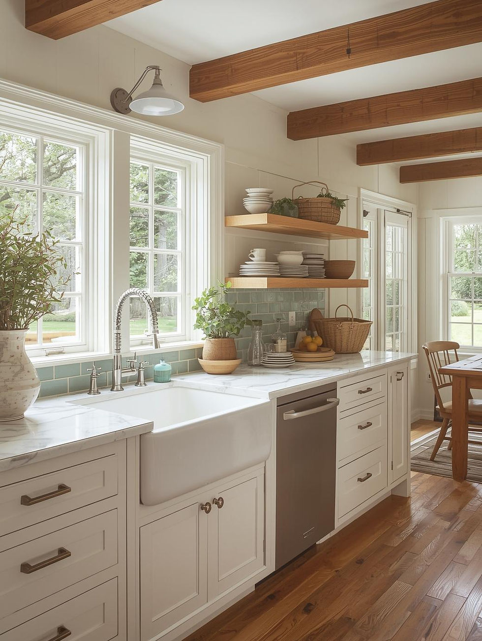 farmhouse kitchen remodel with apron sink, open shelving, marble countertops, and natural light
