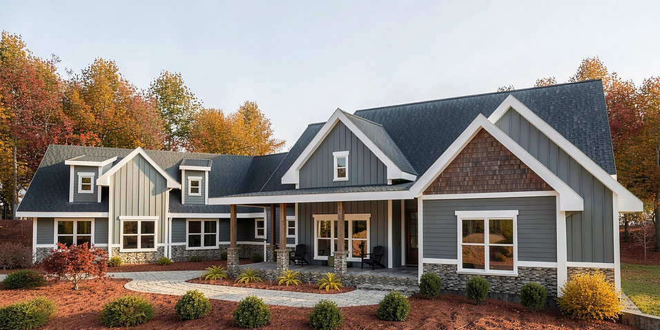 Custom craftsman-style home rendering for Hanes Ridge residence in Habersham County Georgia featuring multiple gables, covered porch, and three-car garage