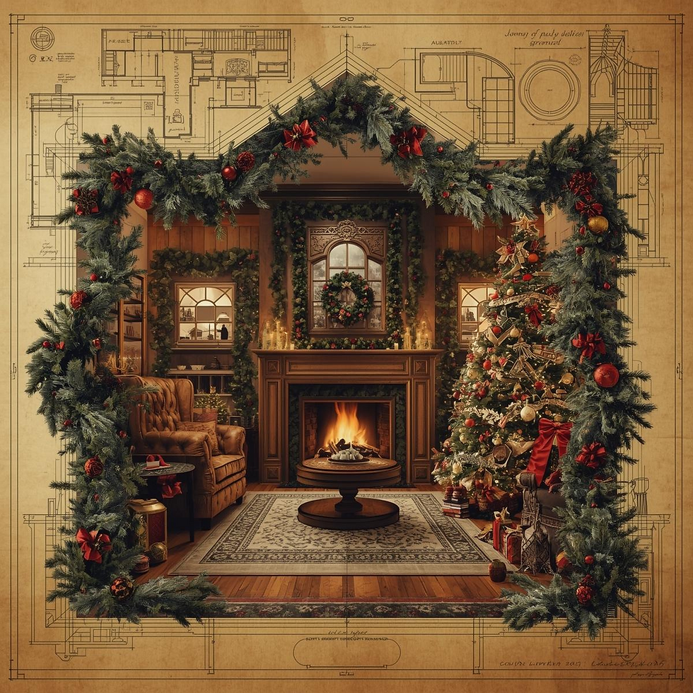 A richly decorated Christmas living room, overflowing with lush festive garlands, warm twinkling fairy lights, and a crackling, cozy fireplace, artistically merges into a precise, detailed architectural blueprint, meticulously illustrating the room's intricate structure and design elements.