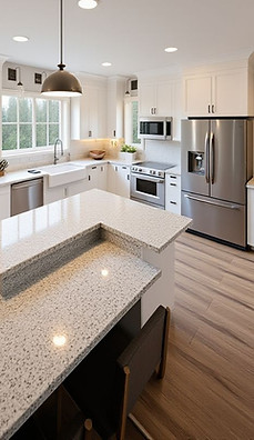 Bright custom home kitchen with large island, quartz countertops, walk-in pantry, and open-concept layout.