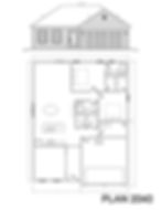 House plan labeled PLAN 2040 with exterior and interior views showing rooms like kitchen, bedrooms, and garage
