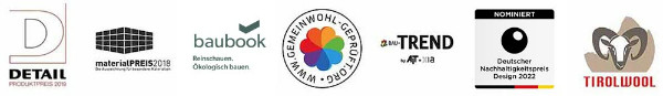 The picture shows logos from Detail Designpreis, MAterioalpreis Ökologie, BAubook, Der Gemeinwohlökonomie, the BAU_Trend Award and the German Sustainability Award