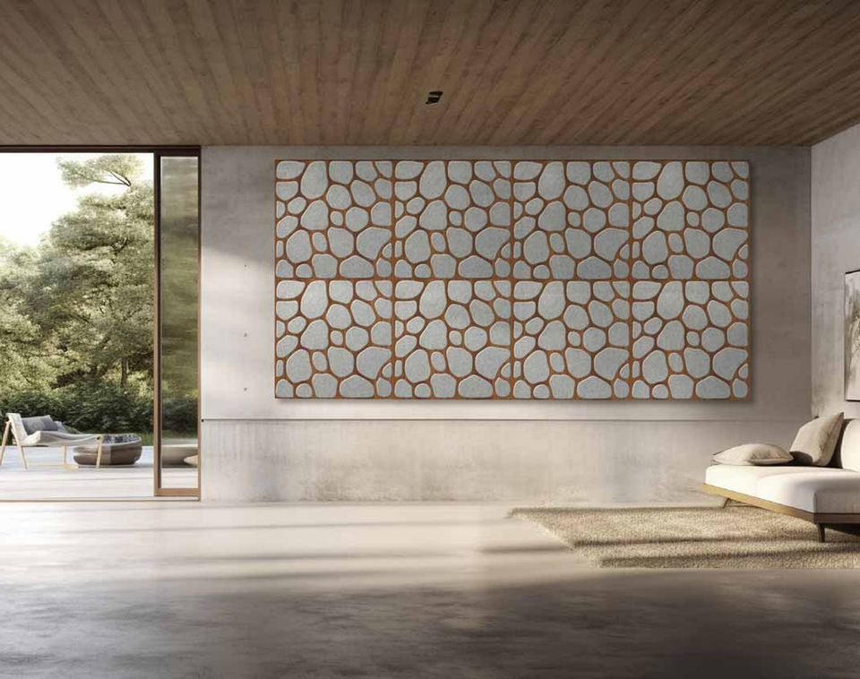 A wall with acoustic panels in a living room with a garden