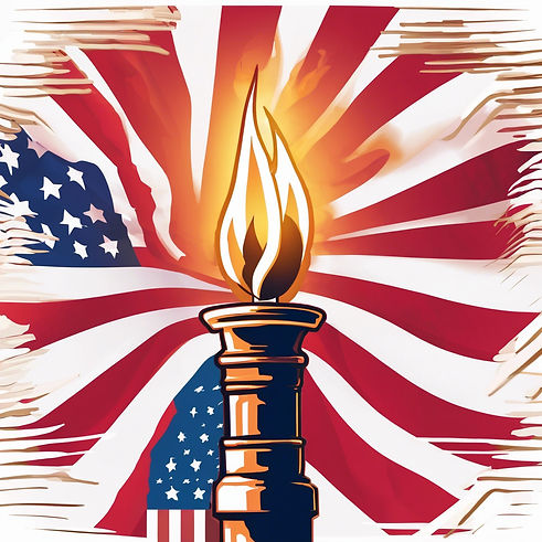 a liberty torch and the american flag moving in the background.jpg