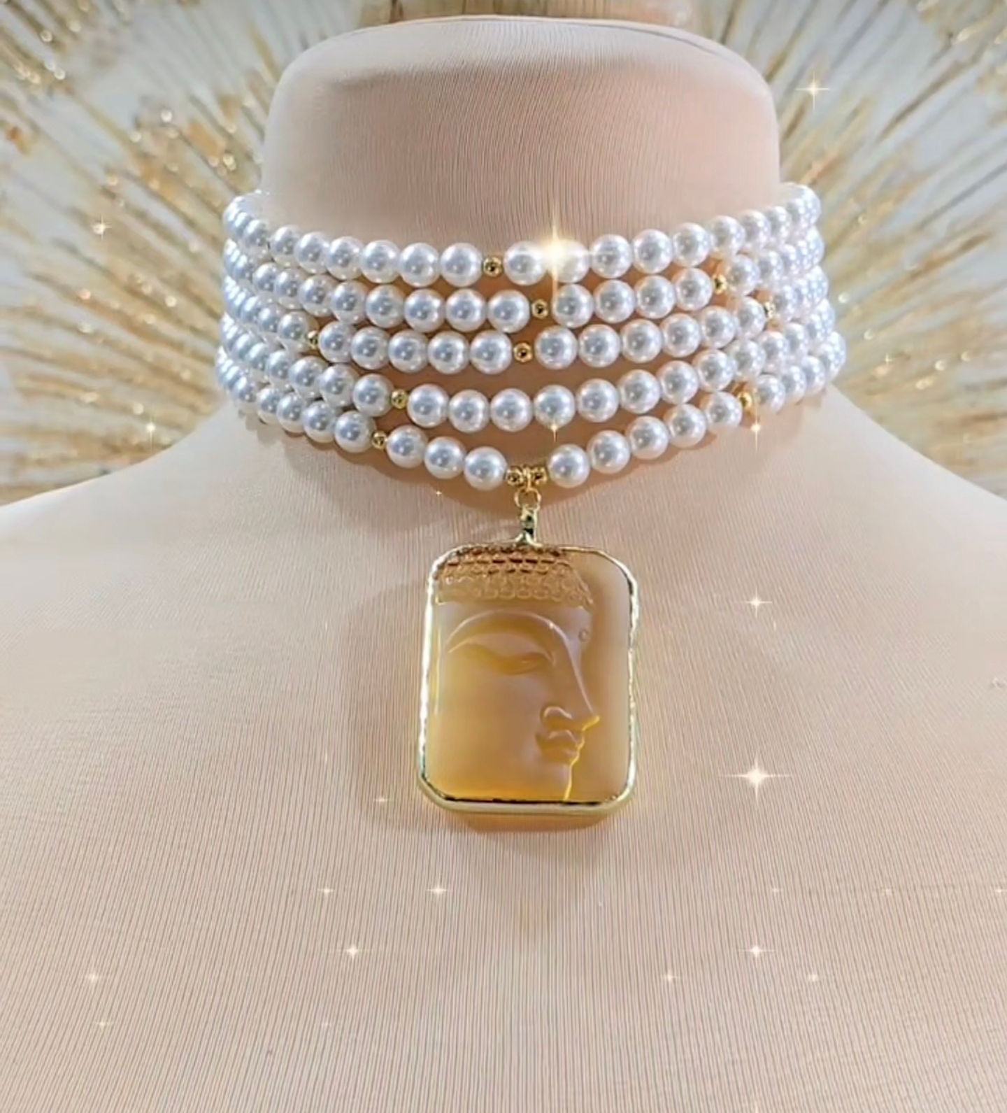 GARGANTILLA PERLA MAYORCA BUDA PIEDRA AMARILLO