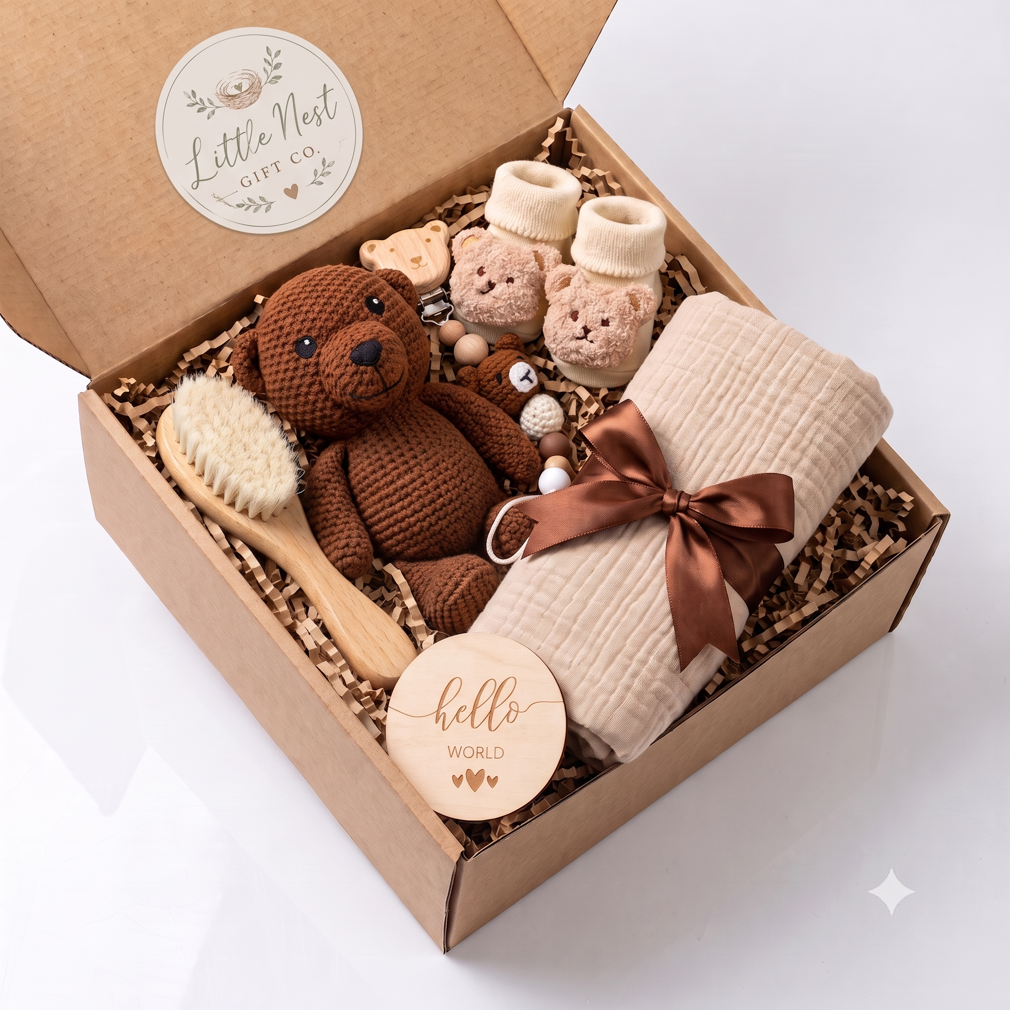 Cozy Brown Bear Baby Gift Box, Gender Neutral Newborn Set