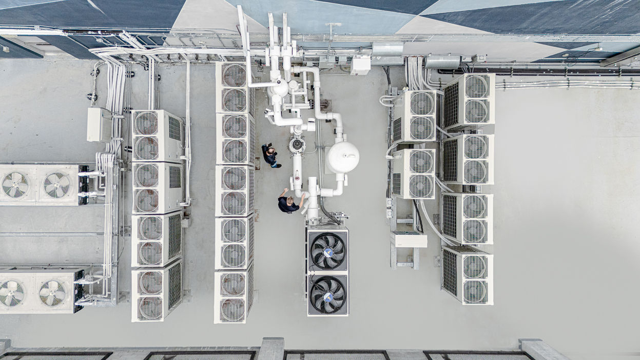 FAA-certified Drone Photography of the fans and cooling systems at a University of Miami health facility.